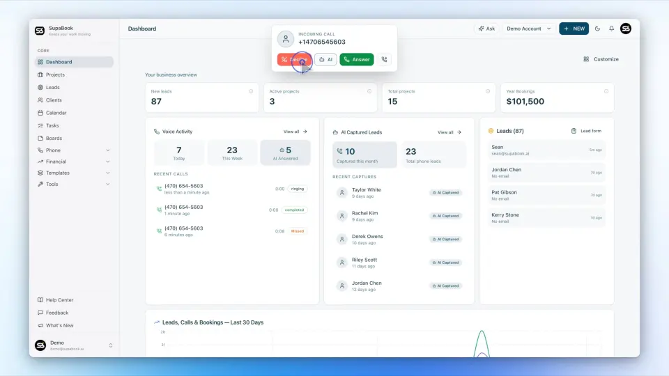 SupaBook AI-powered business phone system and CRM dashboard demo